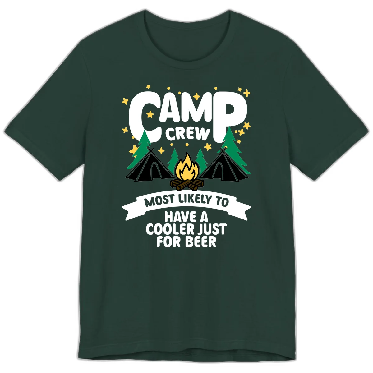 Camp crew cooler beer design showing campfire, teepees, and trees with humorous camping text on gray background. in Forest