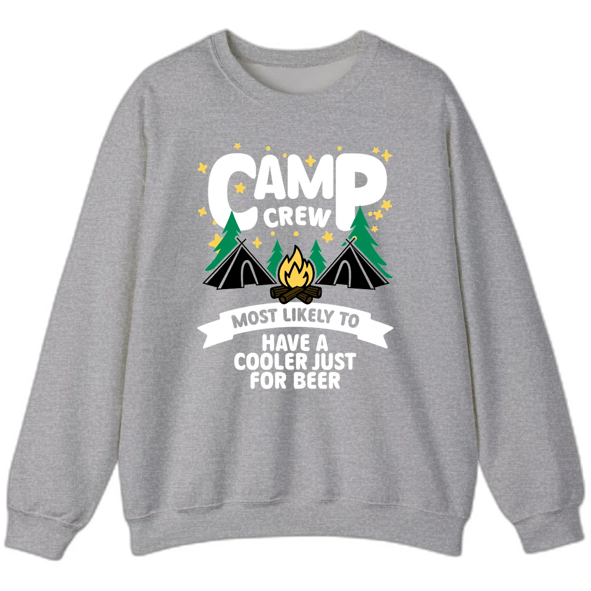 Camp crew cooler beer design showing campfire, teepees, and trees with humorous camping text on gray background. in Sport Grey