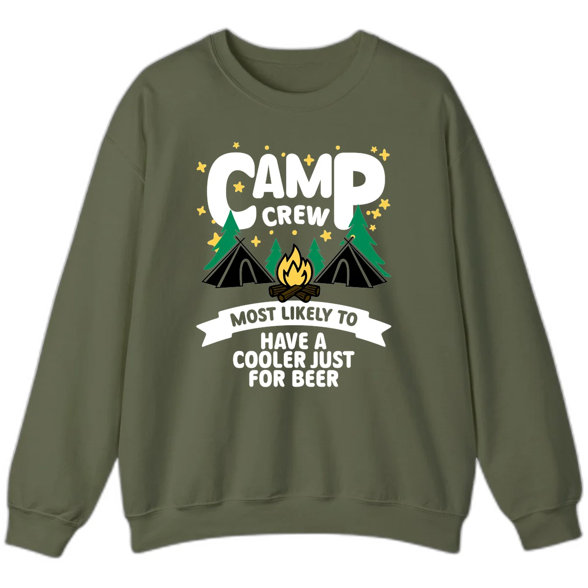 Camp crew cooler beer design showing campfire, teepees, and trees with humorous camping text on gray background. in Military Green