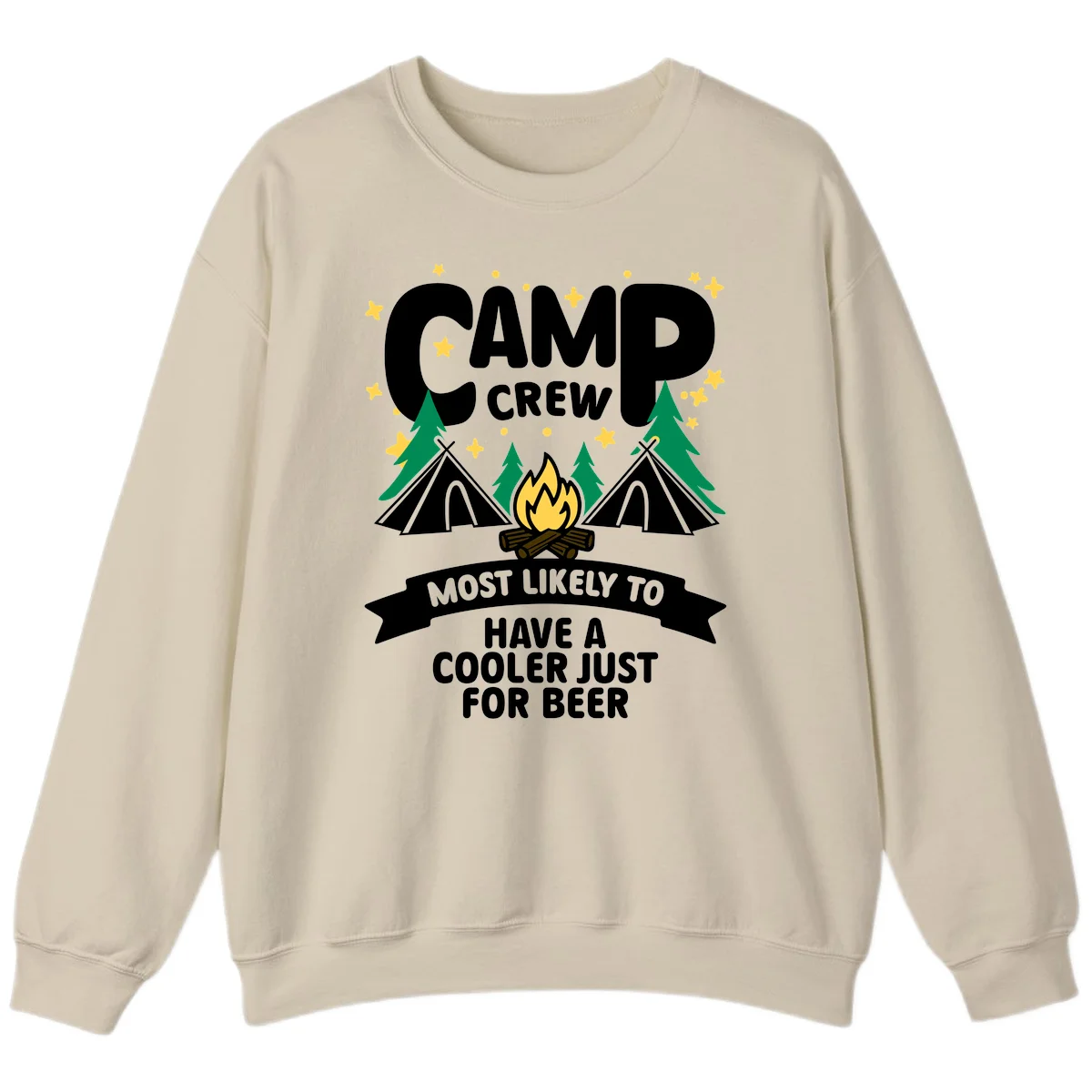 Camp crew cooler beer design showing campfire, teepees, and trees with humorous camping text on gray background. in Sand
