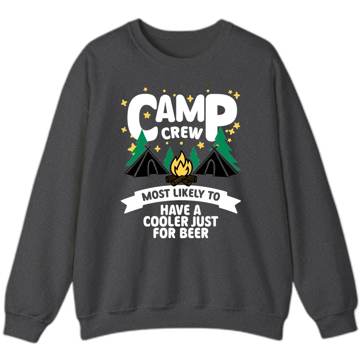 Camp crew cooler beer design showing campfire, teepees, and trees with humorous camping text on gray background. in Dark Heather