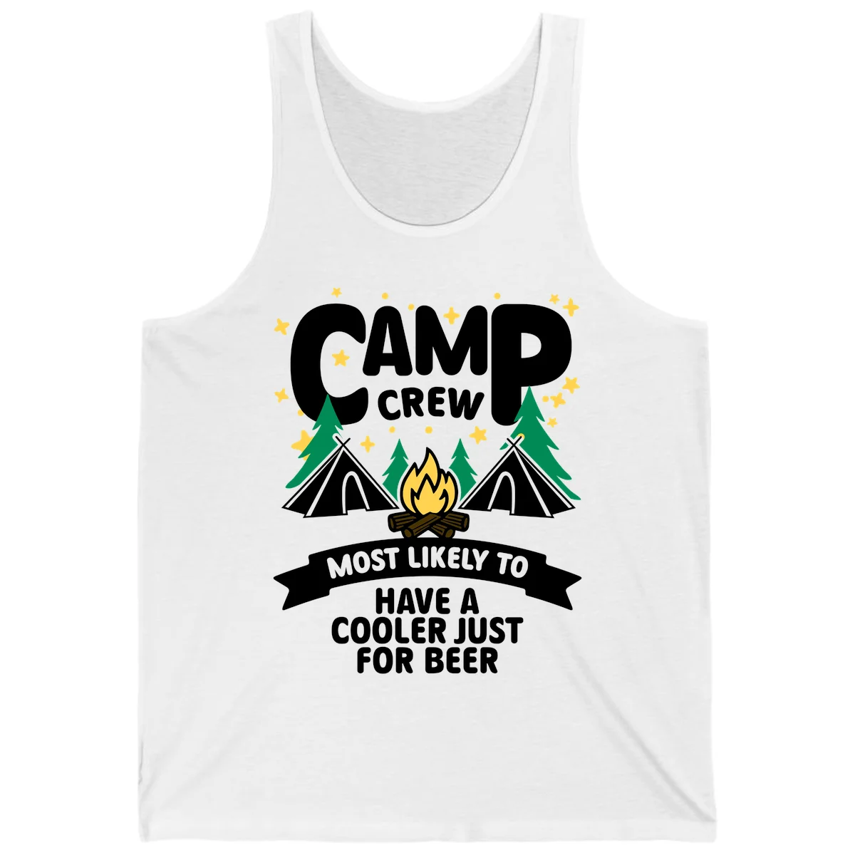 Camp crew cooler beer design showing campfire, teepees, and trees with humorous camping text on gray background. in White