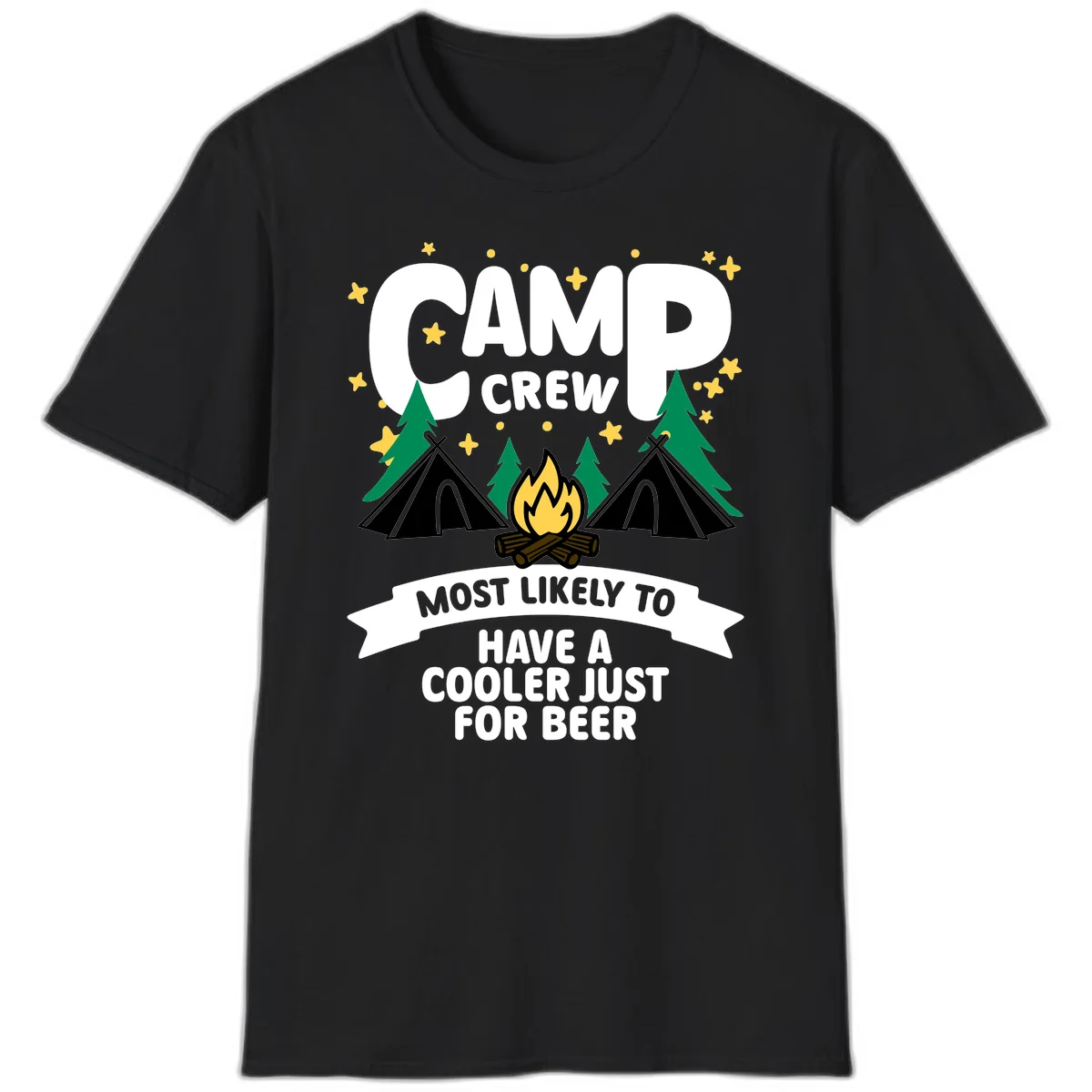 Camp crew cooler beer design showing campfire, teepees, and trees with humorous camping text on gray background. in Black