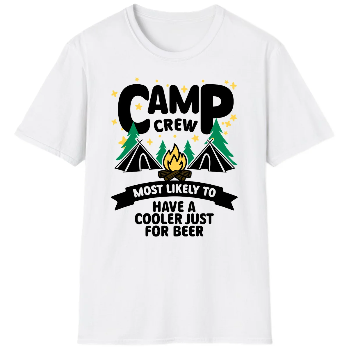 Camp crew cooler beer design showing campfire, teepees, and trees with humorous camping text on gray background. in White