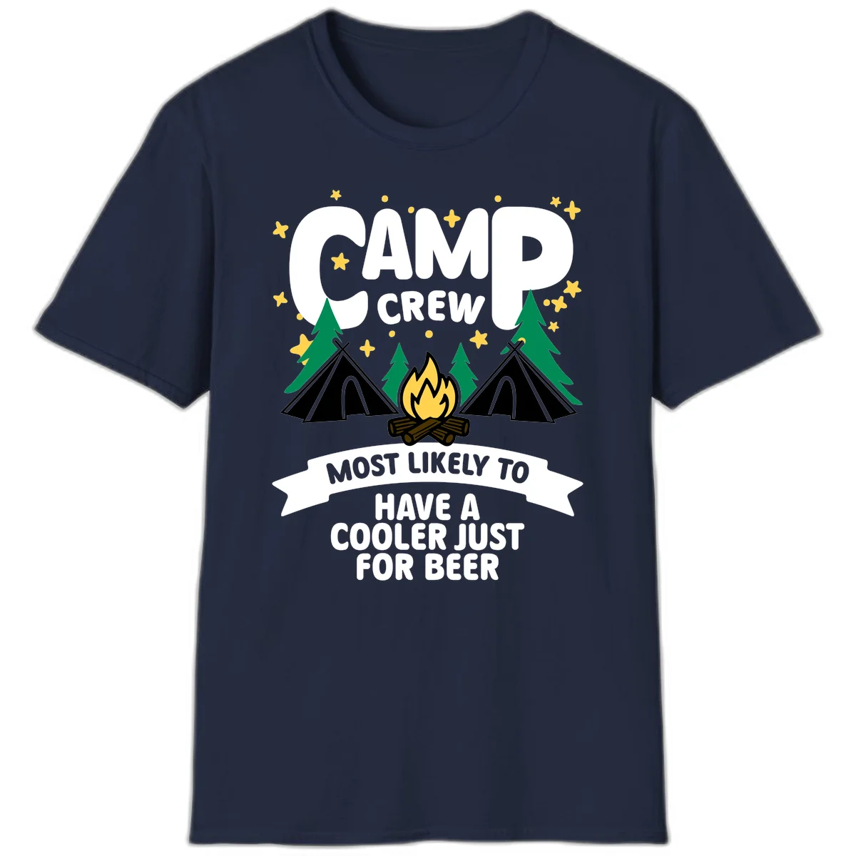 Camp crew cooler beer design showing campfire, teepees, and trees with humorous camping text on gray background. in Navy