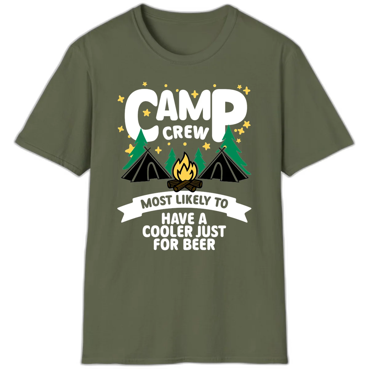Camp crew cooler beer design showing campfire, teepees, and trees with humorous camping text on gray background. in Military Green