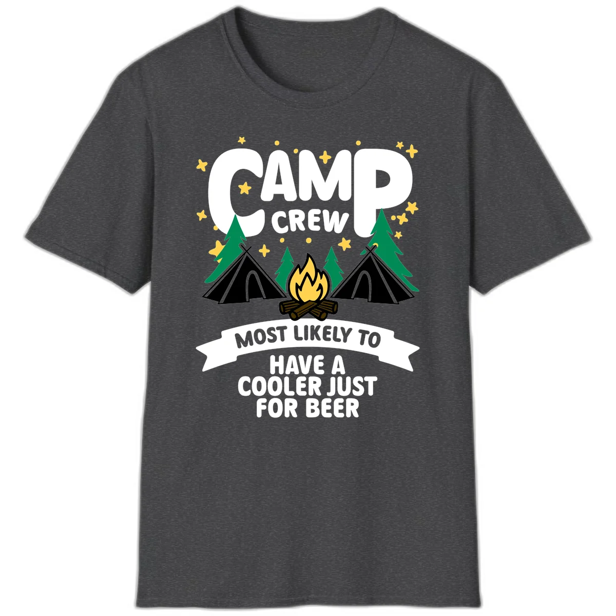 Camp crew cooler beer design showing campfire, teepees, and trees with humorous camping text on gray background. in Dark Heather