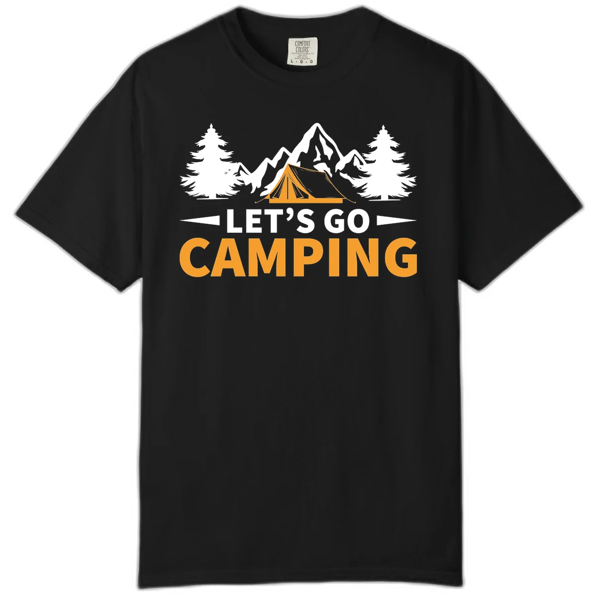 Let's go camping tent design with orange tent, snow mountains, evergreen trees, and bold text on gray background in Black