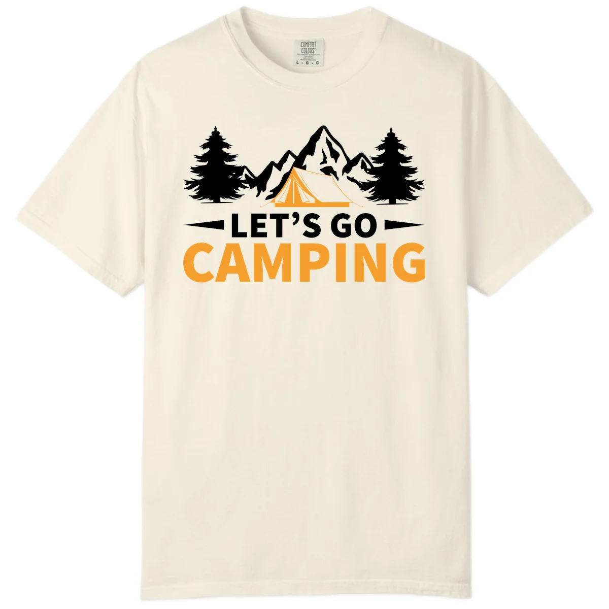 Let's go camping tent design with orange tent, snow mountains, evergreen trees, and bold text on gray background in Ivory