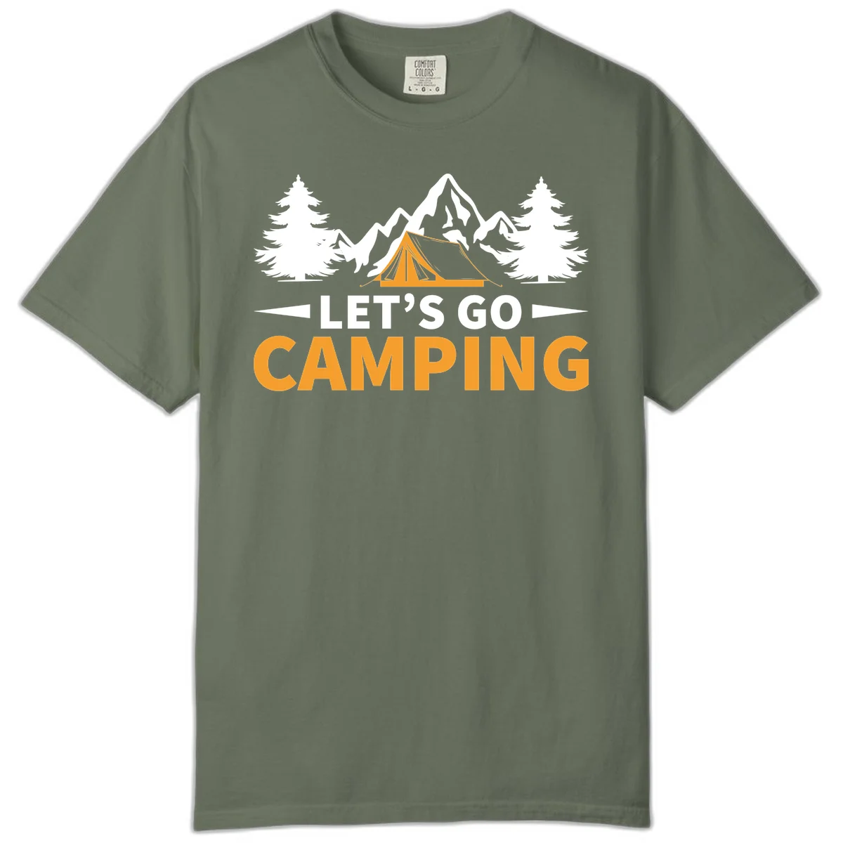 Let's go camping tent design with orange tent, snow mountains, evergreen trees, and bold text on gray background in Moss