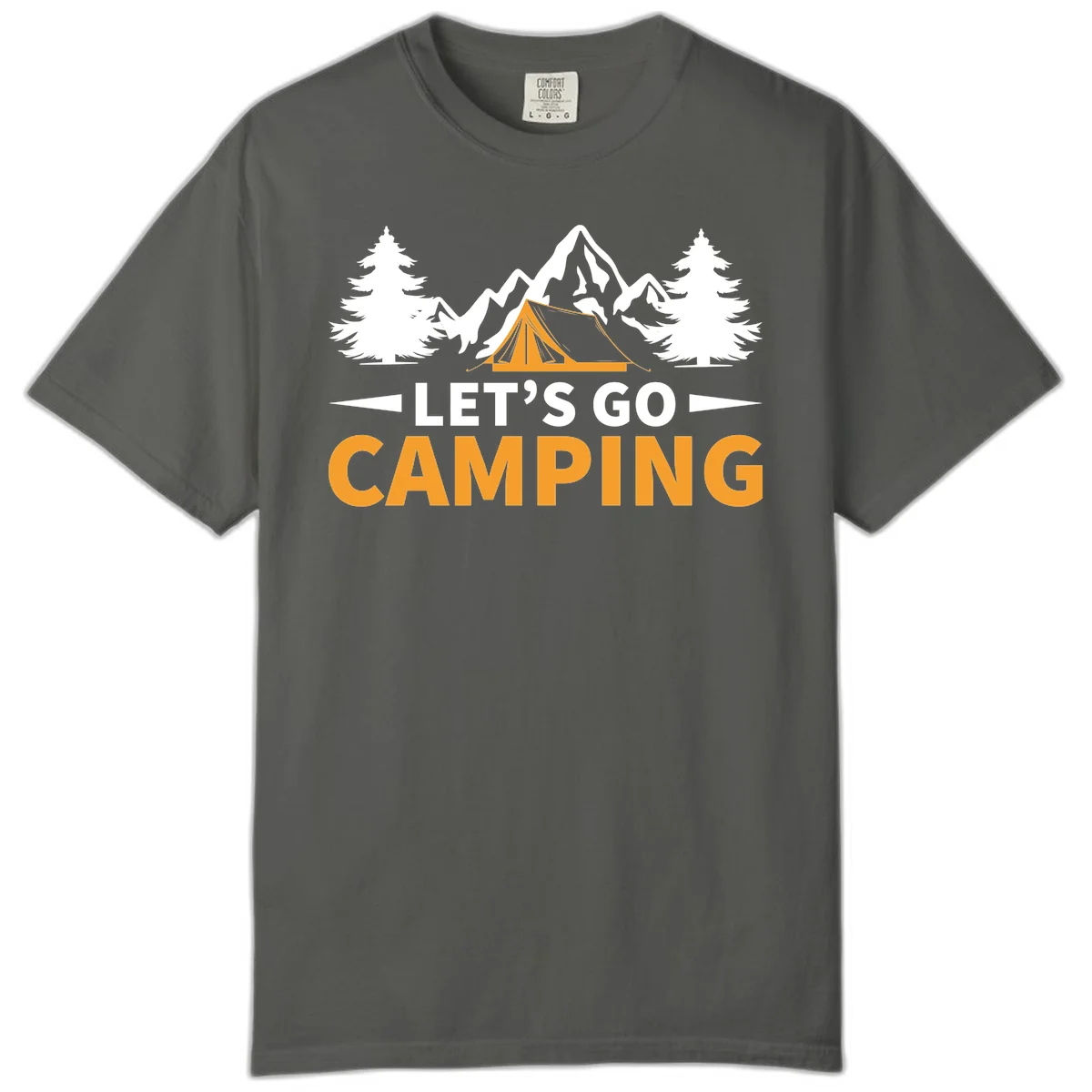 Let's go camping tent design with orange tent, snow mountains, evergreen trees, and bold text on gray background in Pepper