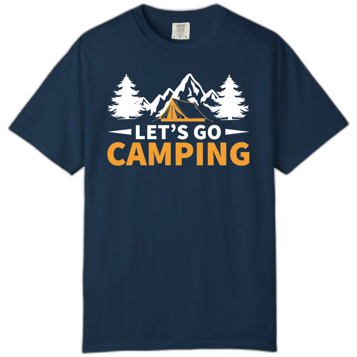 Let's go camping tent design with orange tent, snow mountains, evergreen trees, and bold text on gray background in True Navy