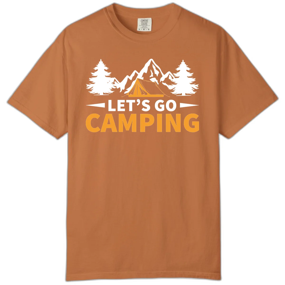 Let's go camping tent design with orange tent, snow mountains, evergreen trees, and bold text on gray background in Yam