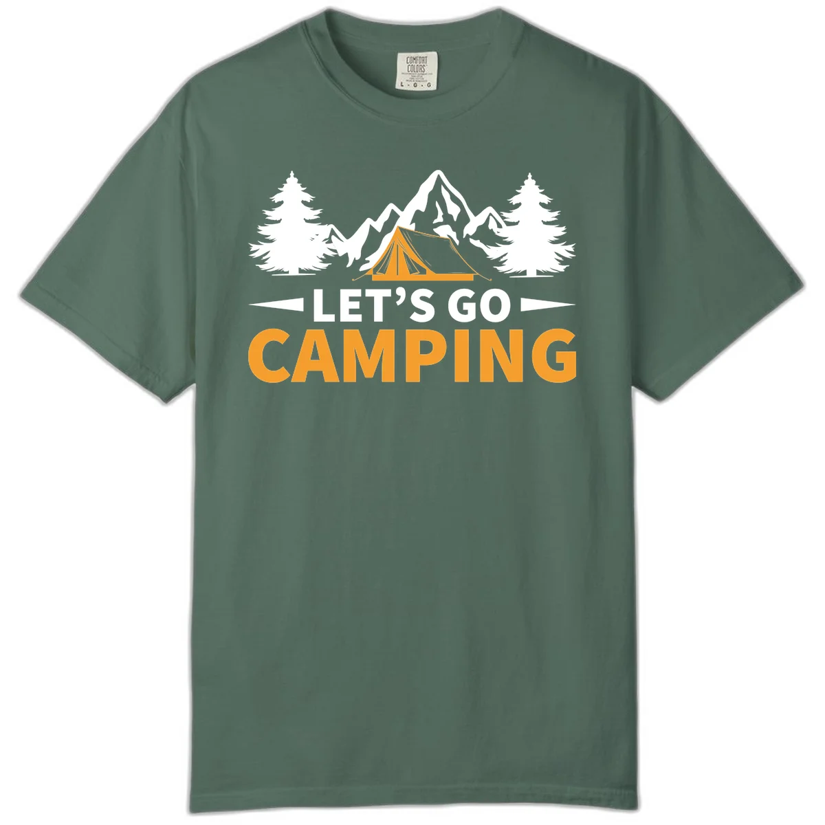 Let's go camping tent design with orange tent, snow mountains, evergreen trees, and bold text on gray background in Blue Spruce