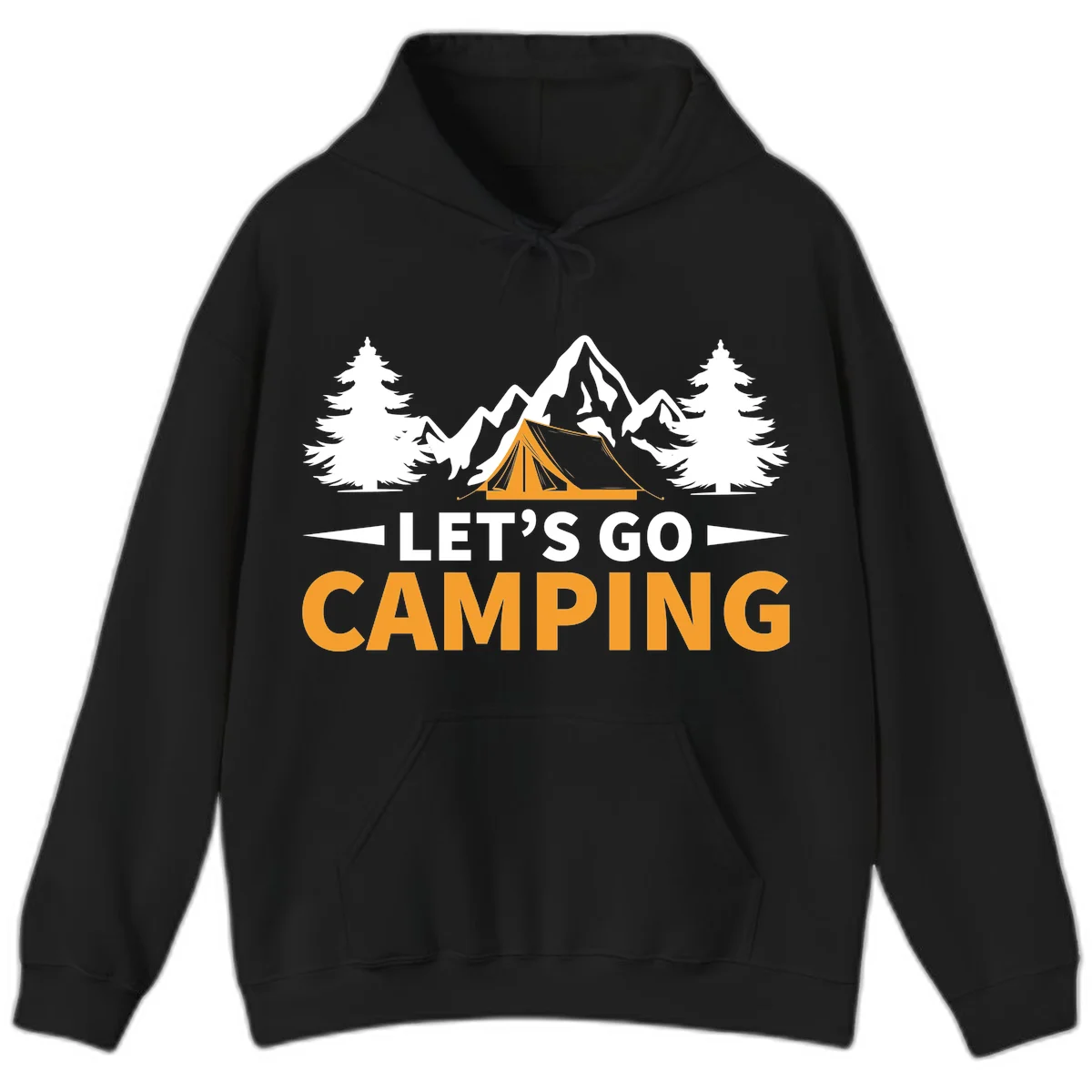 Let's go camping tent design with orange tent, snow mountains, evergreen trees, and bold text on gray background in Black