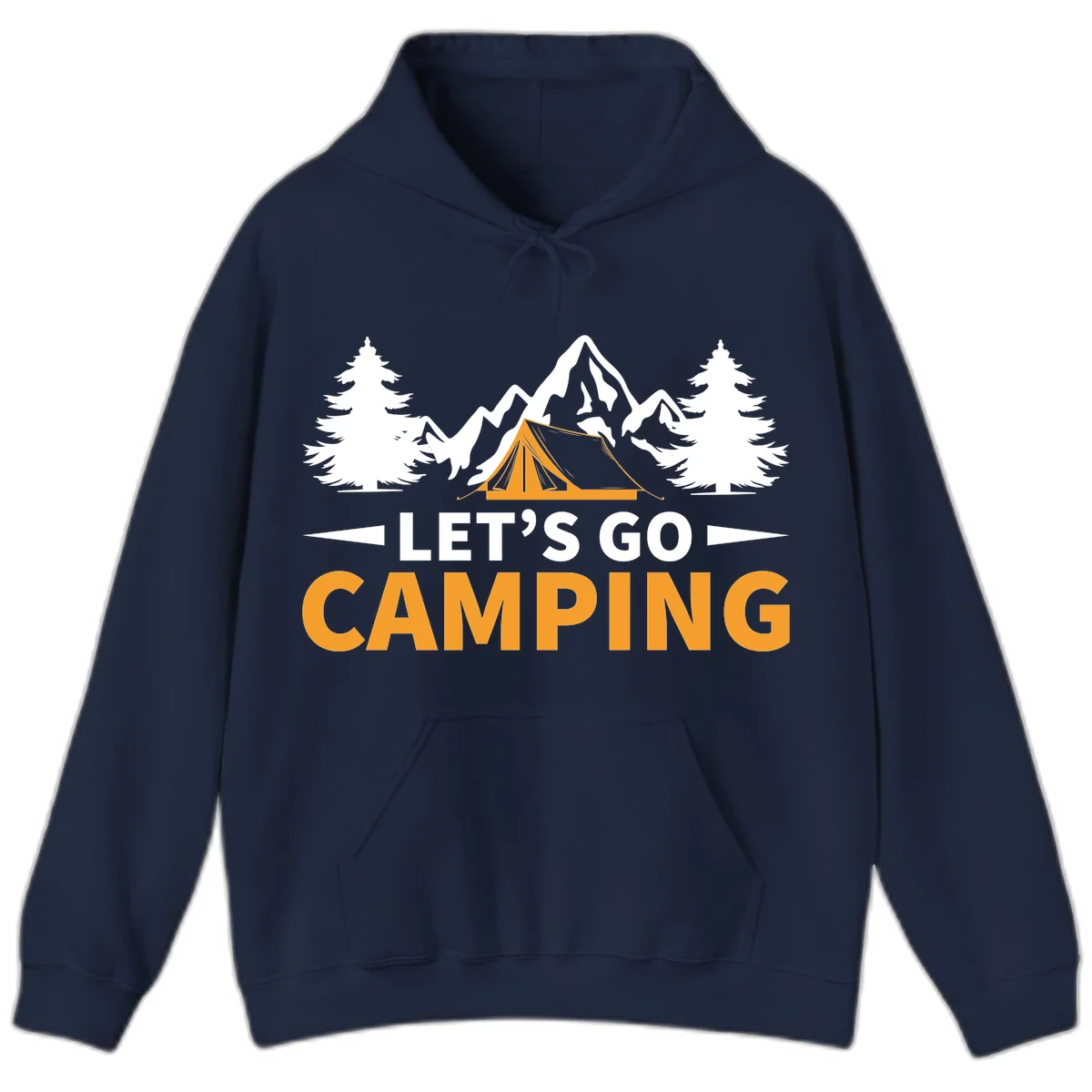 Let's go camping tent design with orange tent, snow mountains, evergreen trees, and bold text on gray background in Navy