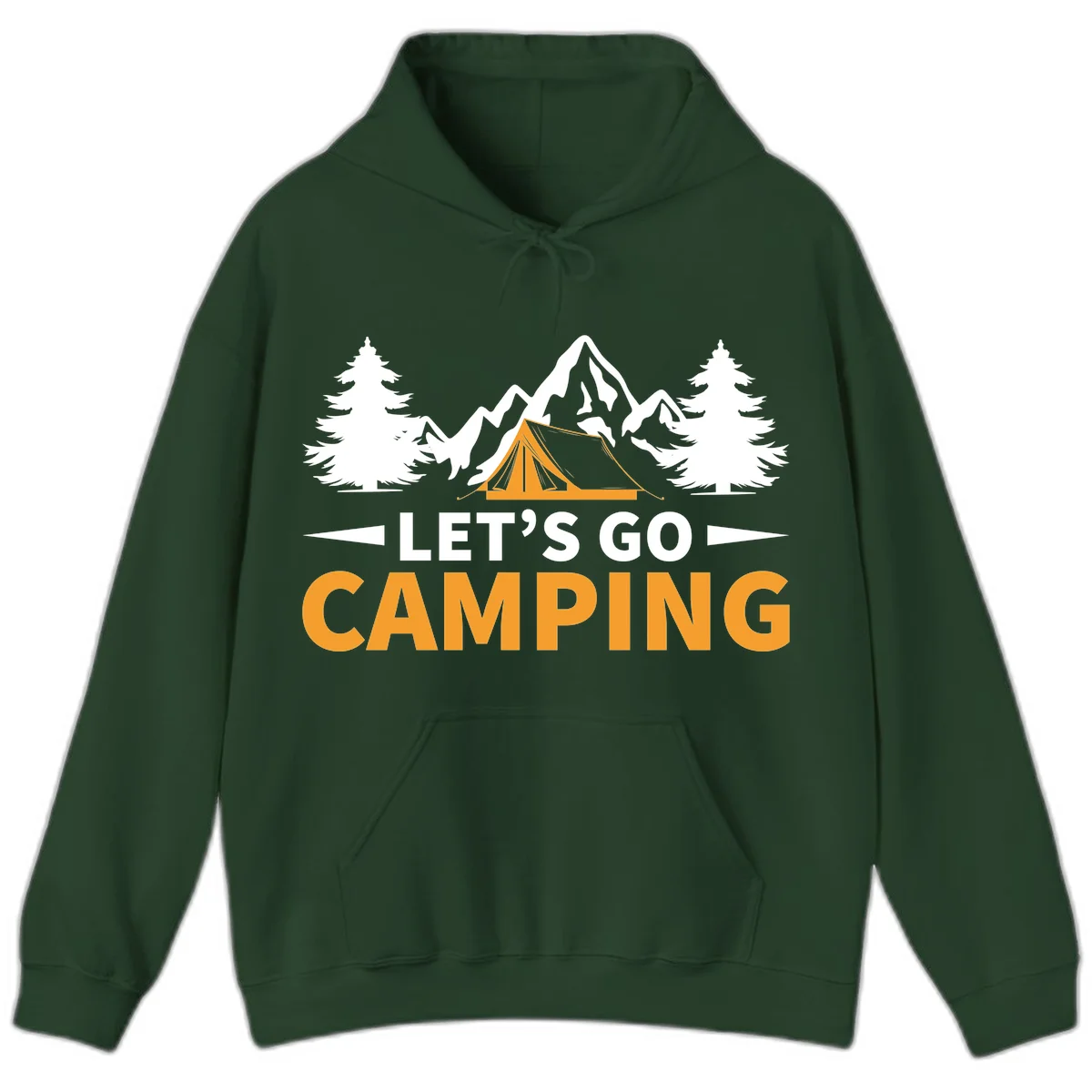 Let's go camping tent design with orange tent, snow mountains, evergreen trees, and bold text on gray background in Forest Green