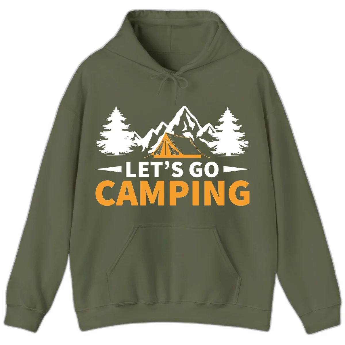 Let's go camping tent design with orange tent, snow mountains, evergreen trees, and bold text on gray background in Military Green