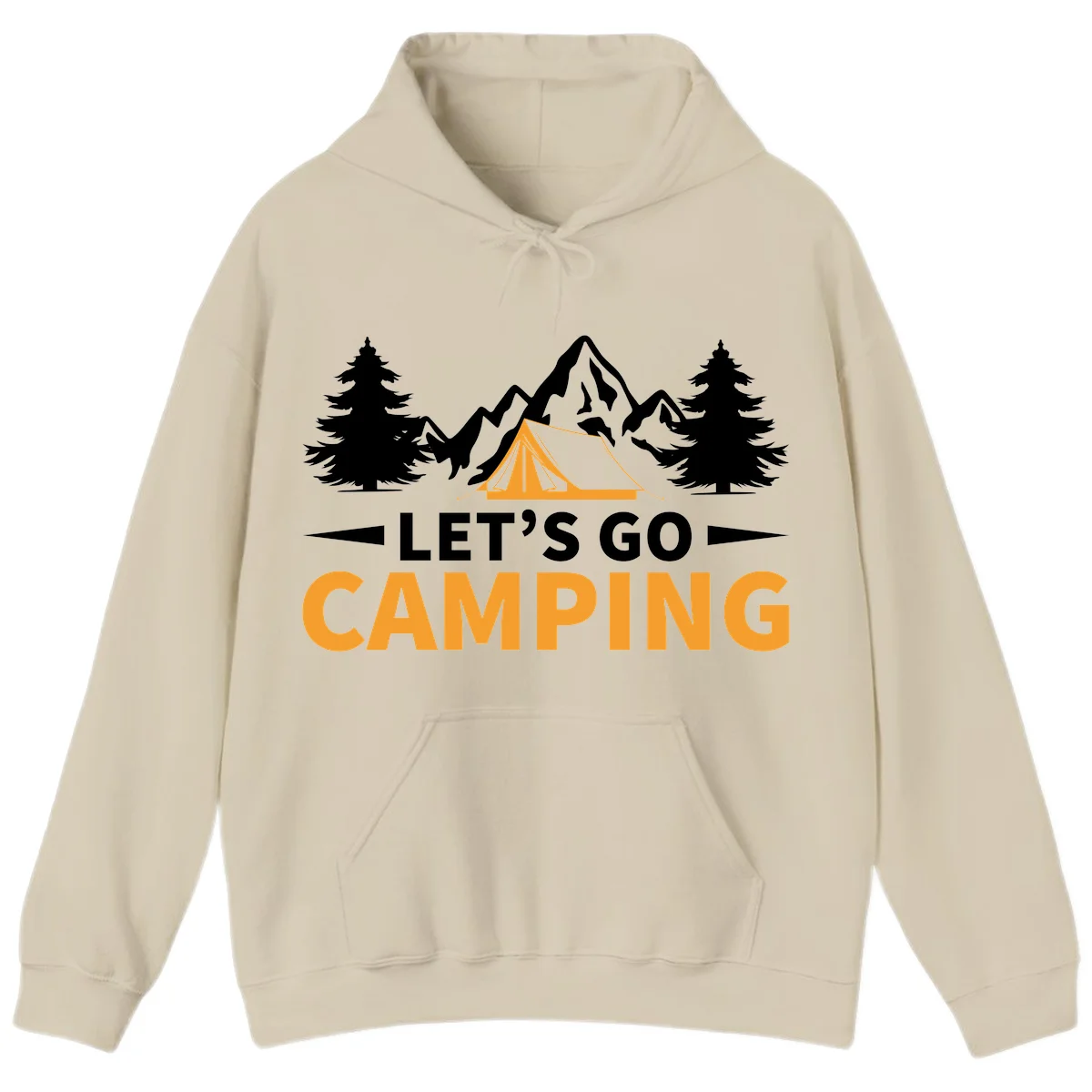Let's go camping tent design with orange tent, snow mountains, evergreen trees, and bold text on gray background in Sand