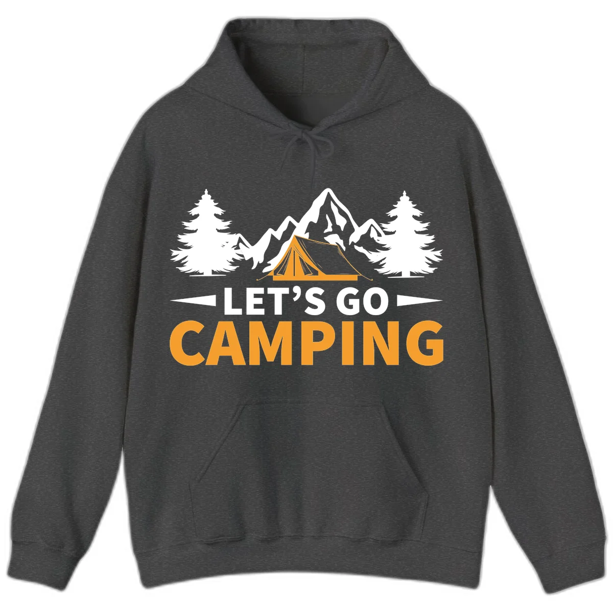 Let's go camping tent design with orange tent, snow mountains, evergreen trees, and bold text on gray background in Dark Heather