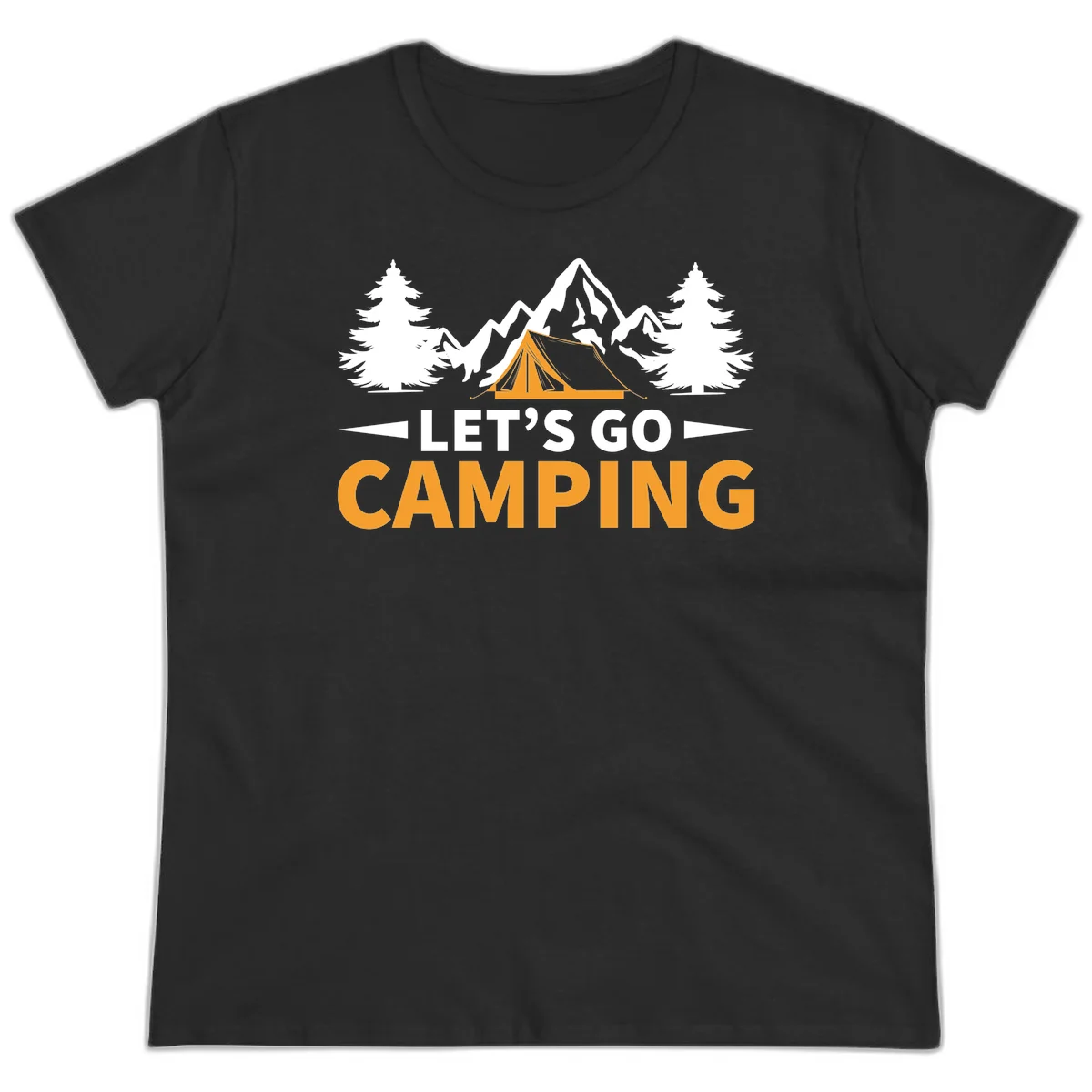 Let's go camping tent design with orange tent, snow mountains, evergreen trees, and bold text on gray background in Black