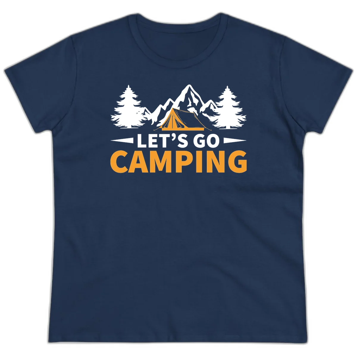 Let's go camping tent design with orange tent, snow mountains, evergreen trees, and bold text on gray background in Navy