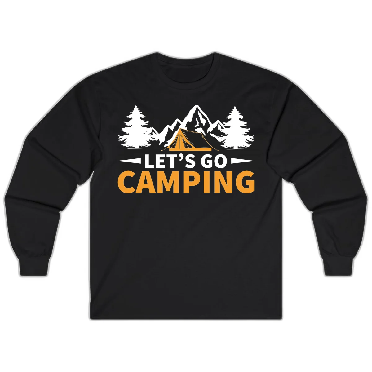 Let's go camping tent design with orange tent, snow mountains, evergreen trees, and bold text on gray background in Black