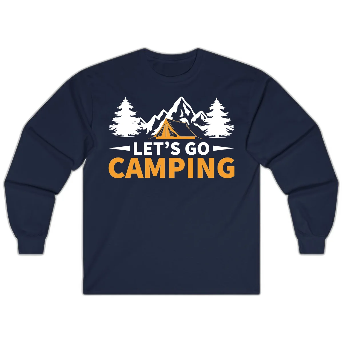 Let's go camping tent design with orange tent, snow mountains, evergreen trees, and bold text on gray background in Navy