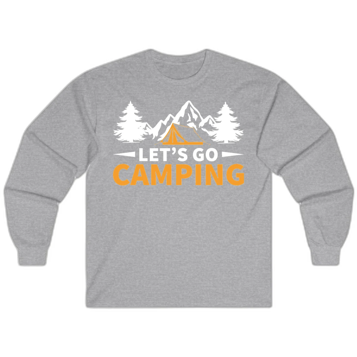 Let's go camping tent design with orange tent, snow mountains, evergreen trees, and bold text on gray background in Sport Grey