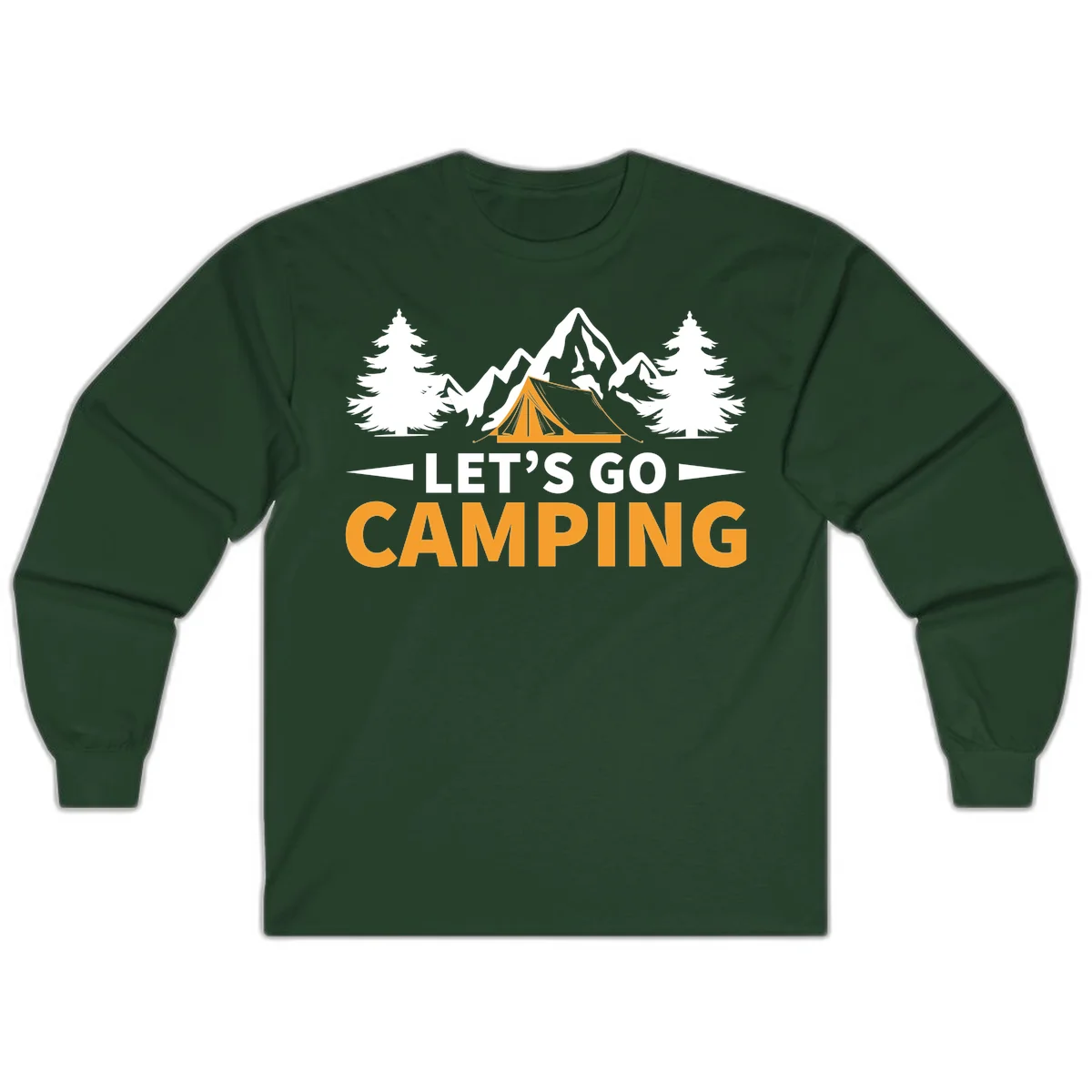 Let's go camping tent design with orange tent, snow mountains, evergreen trees, and bold text on gray background in Forest Green