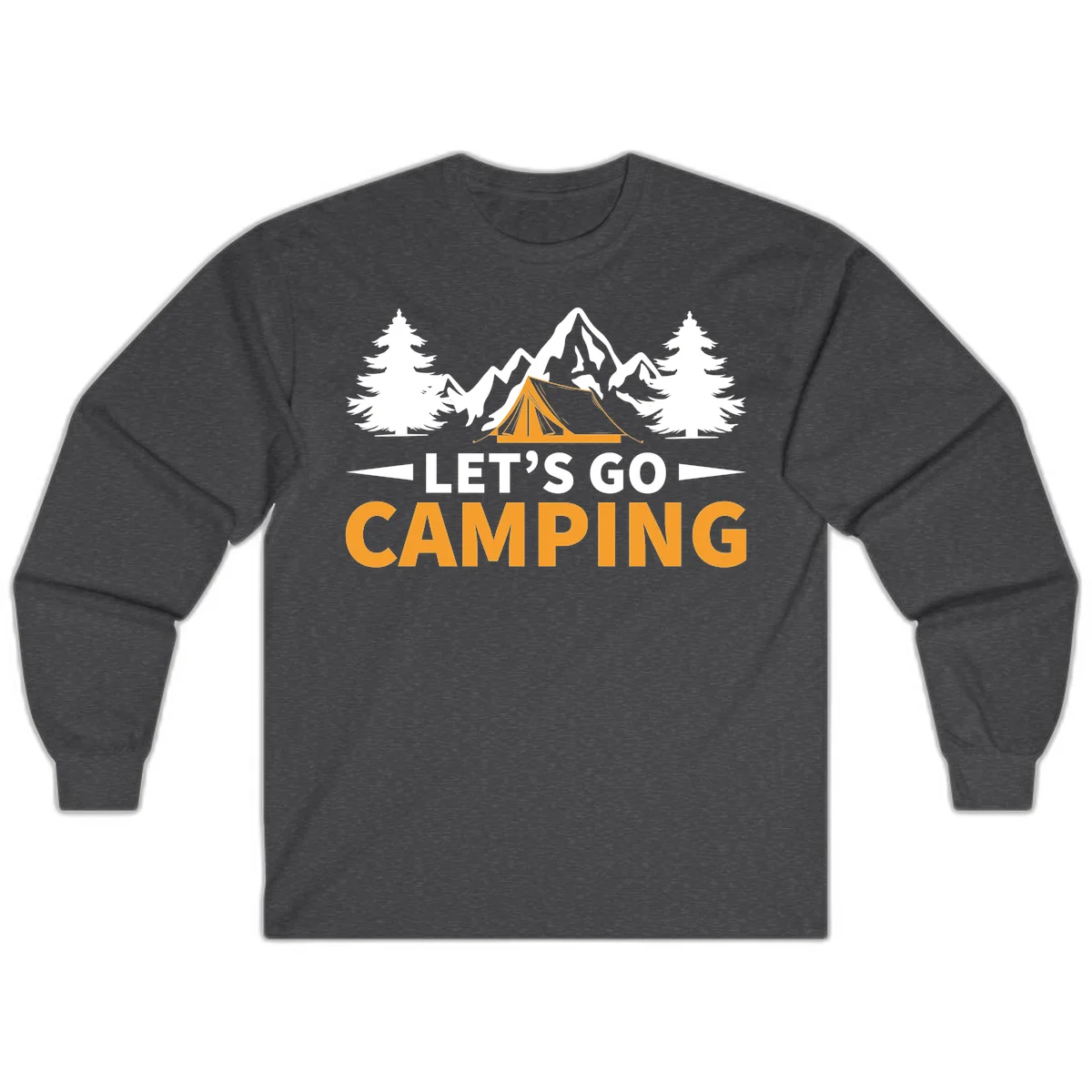 Let's go camping tent design with orange tent, snow mountains, evergreen trees, and bold text on gray background in Dark Heather