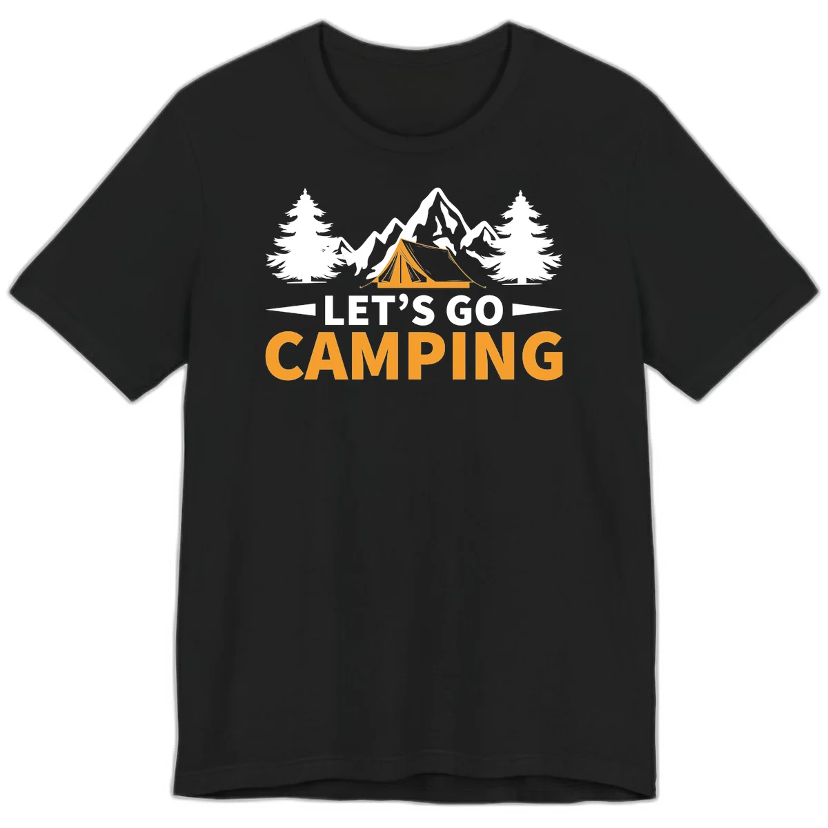 Let's go camping tent design with orange tent, snow mountains, evergreen trees, and bold text on gray background in Black