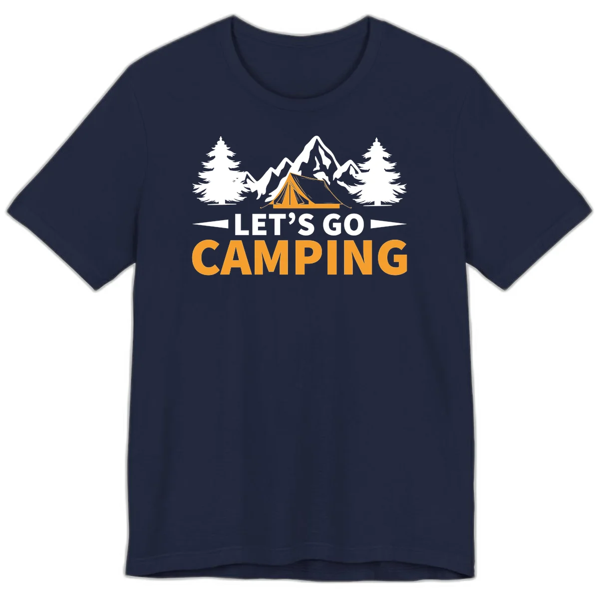 Let's go camping tent design with orange tent, snow mountains, evergreen trees, and bold text on gray background in Navy