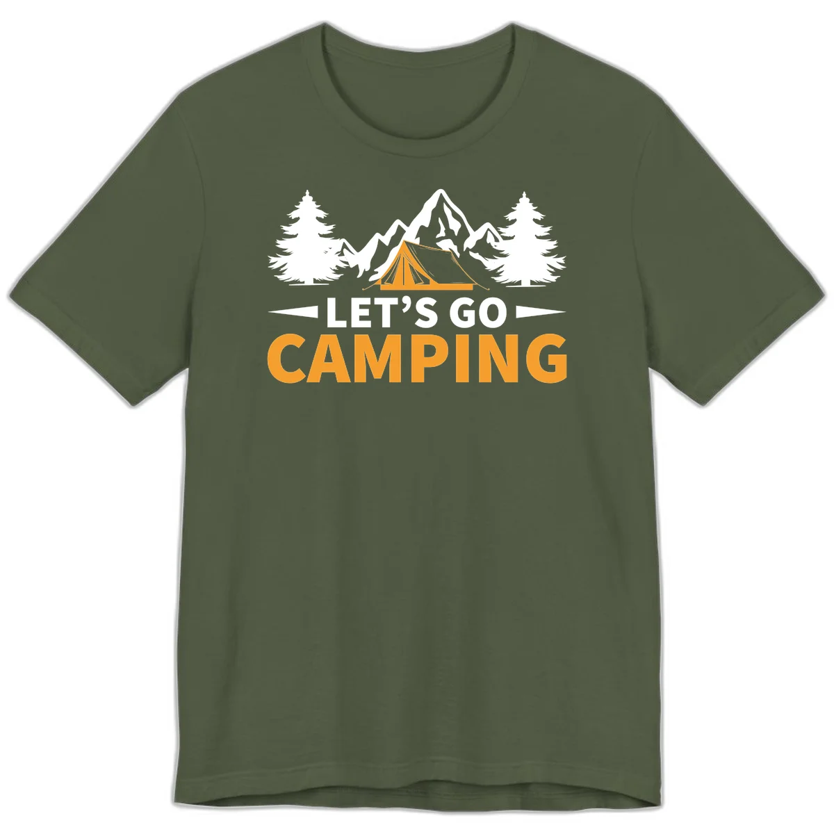 Let's go camping tent design with orange tent, snow mountains, evergreen trees, and bold text on gray background in Military Green