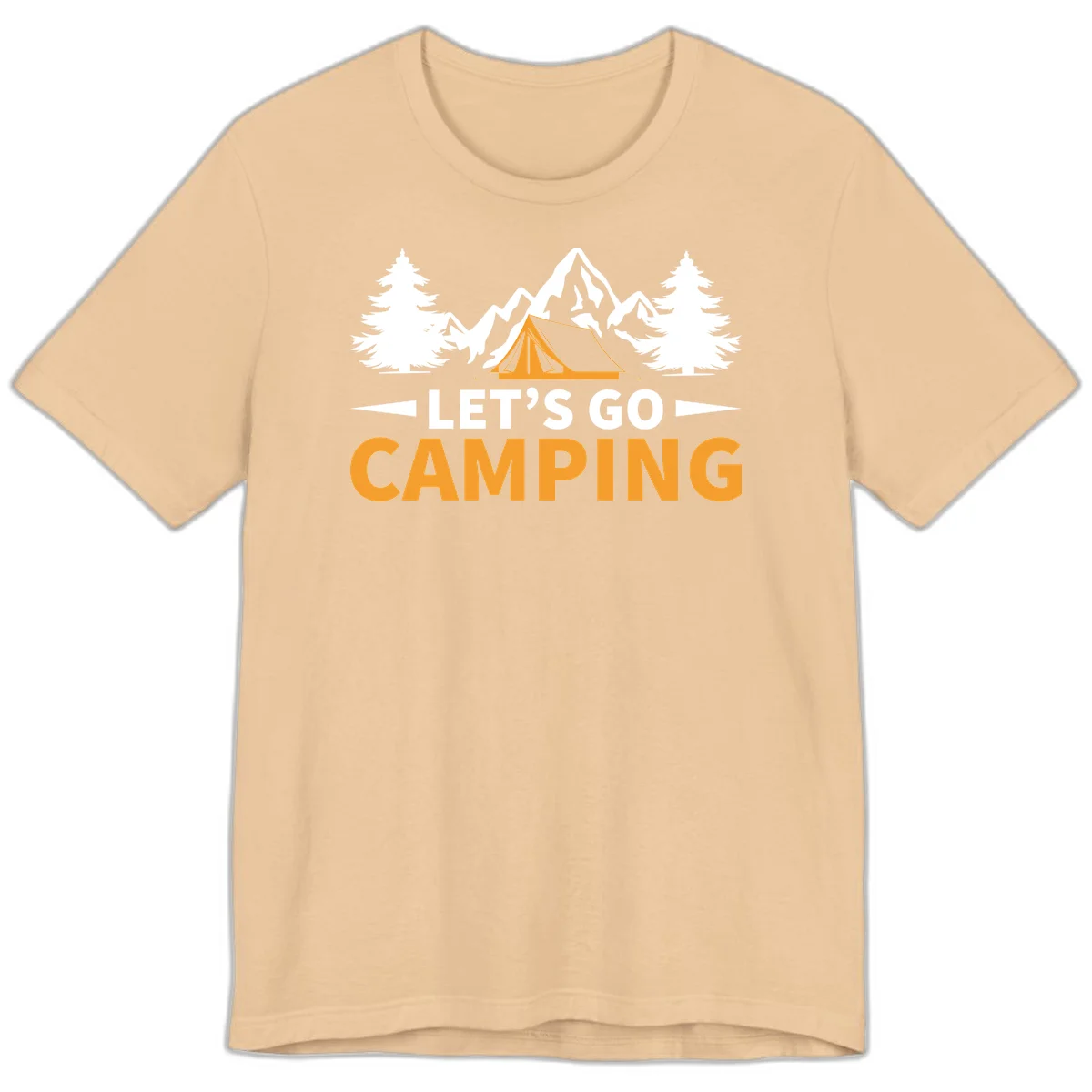 Let's go camping tent design with orange tent, snow mountains, evergreen trees, and bold text on gray background in Sand Dune