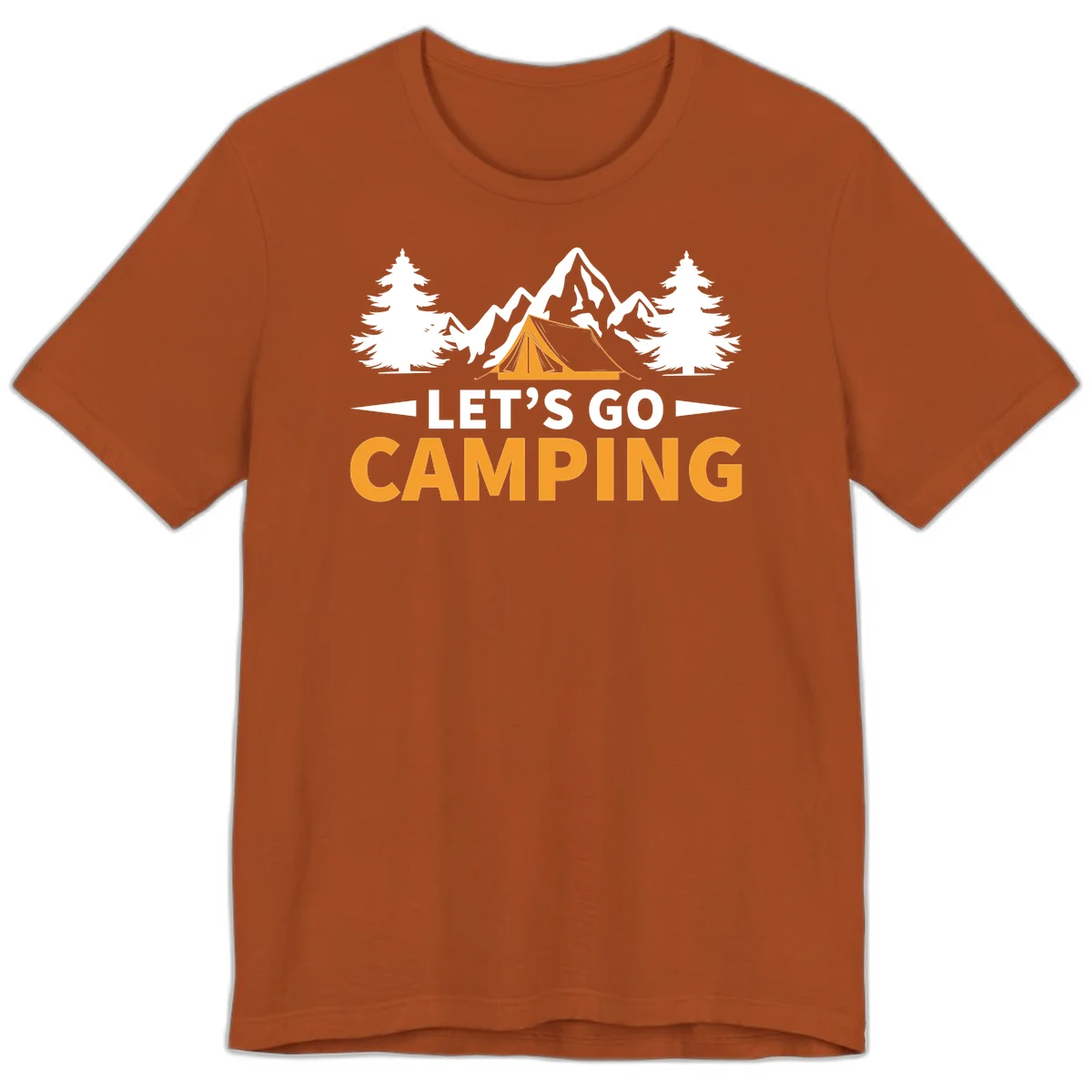 Let's go camping tent design with orange tent, snow mountains, evergreen trees, and bold text on gray background in Autumn