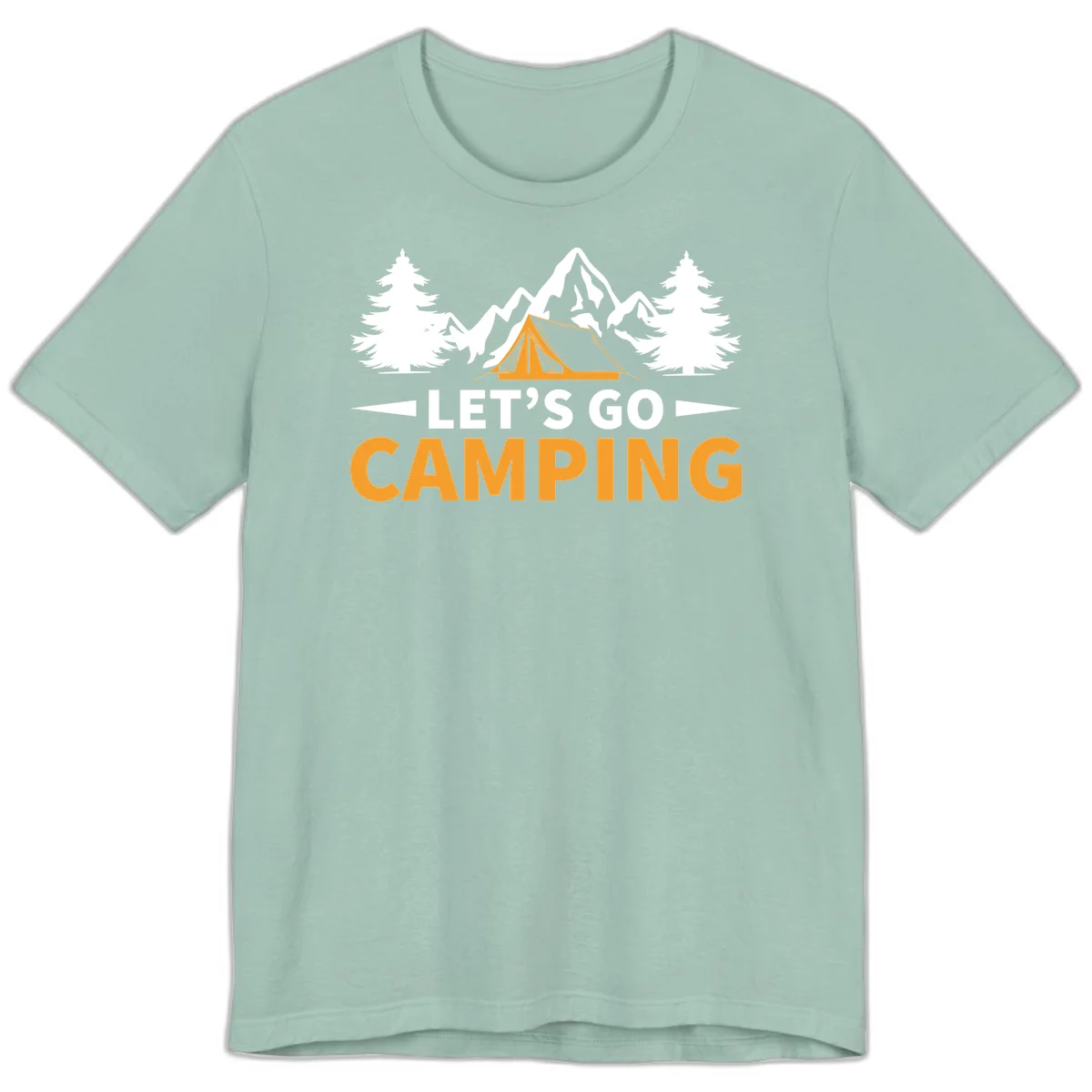 Let's go camping tent design with orange tent, snow mountains, evergreen trees, and bold text on gray background in Dusty Blue