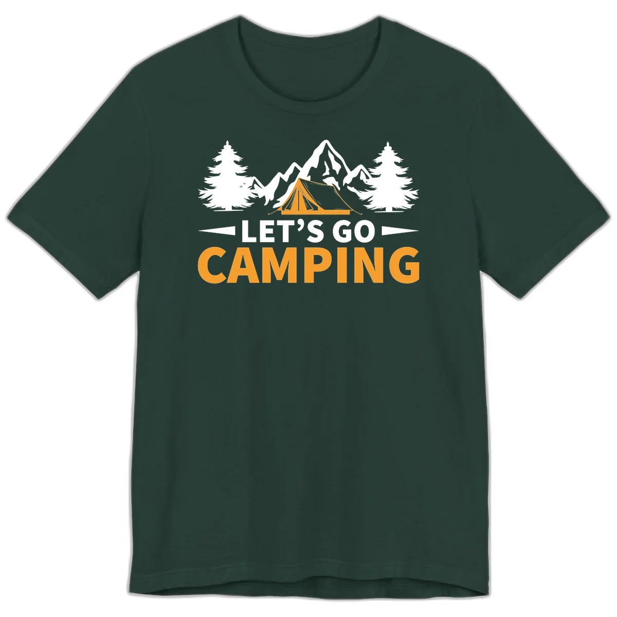 Let's go camping tent design with orange tent, snow mountains, evergreen trees, and bold text on gray background in Forest