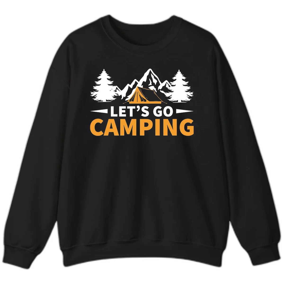 Let's go camping tent design with orange tent, snow mountains, evergreen trees, and bold text on gray background in Black