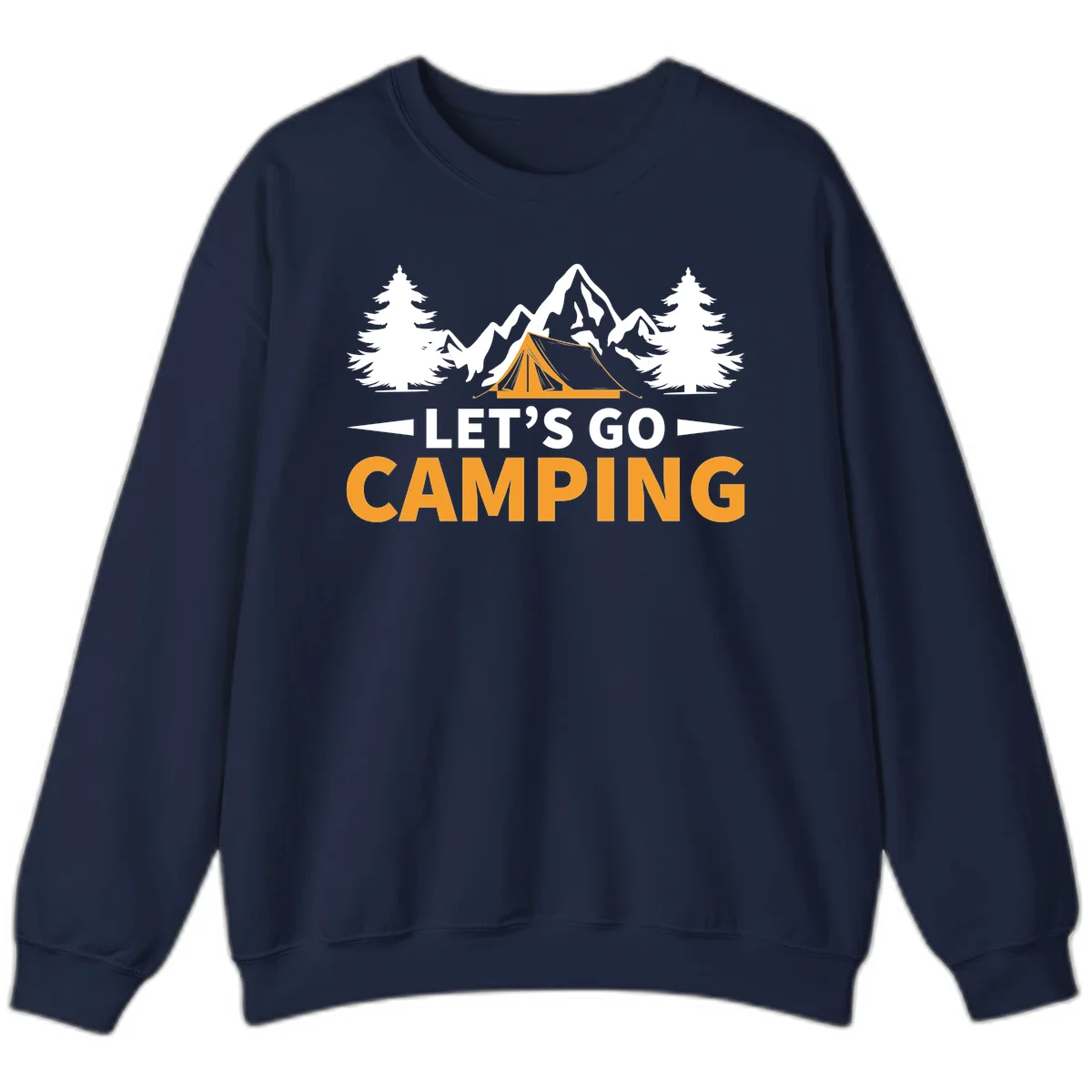 Let's go camping tent design with orange tent, snow mountains, evergreen trees, and bold text on gray background in Navy