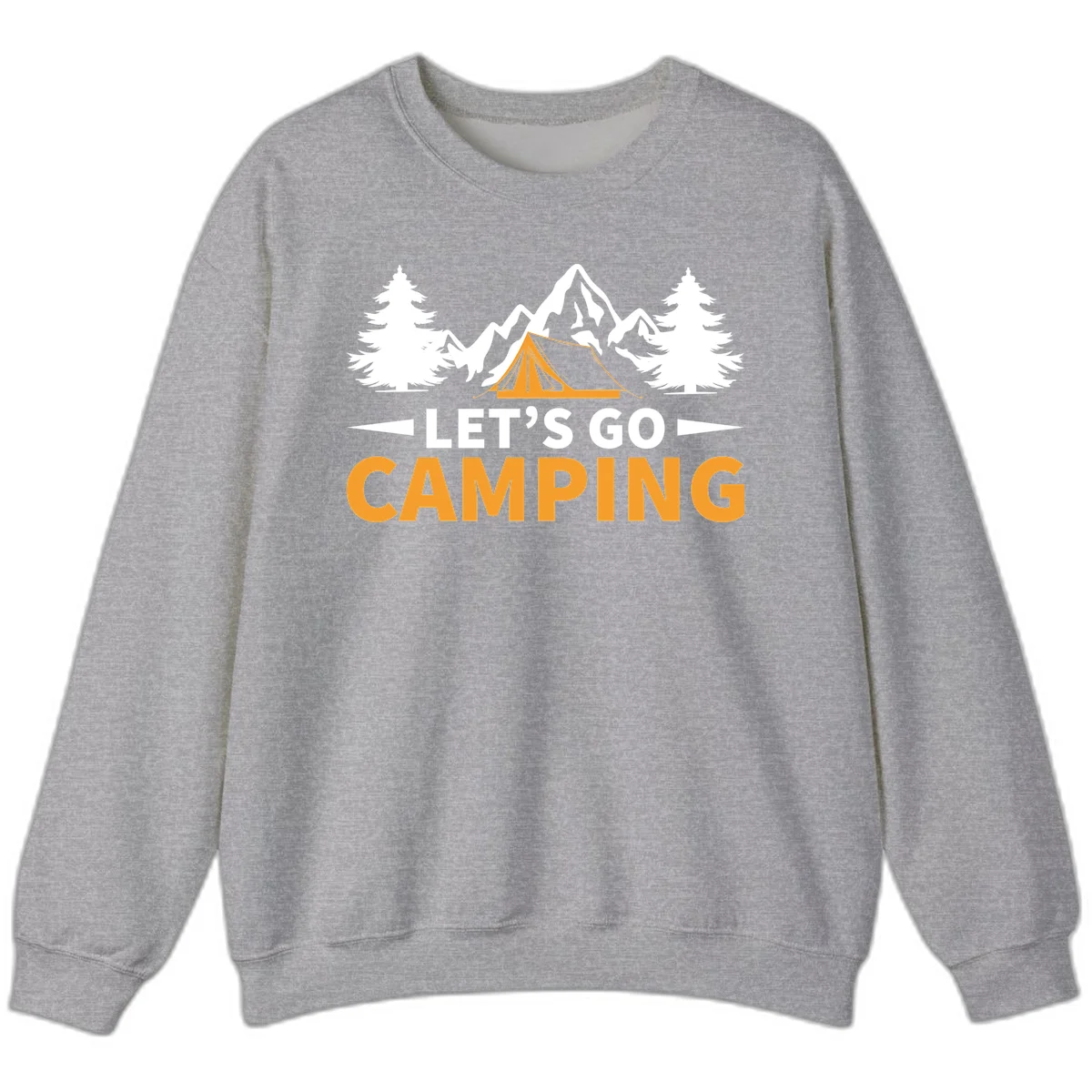 Let's go camping tent design with orange tent, snow mountains, evergreen trees, and bold text on gray background in Sport Grey