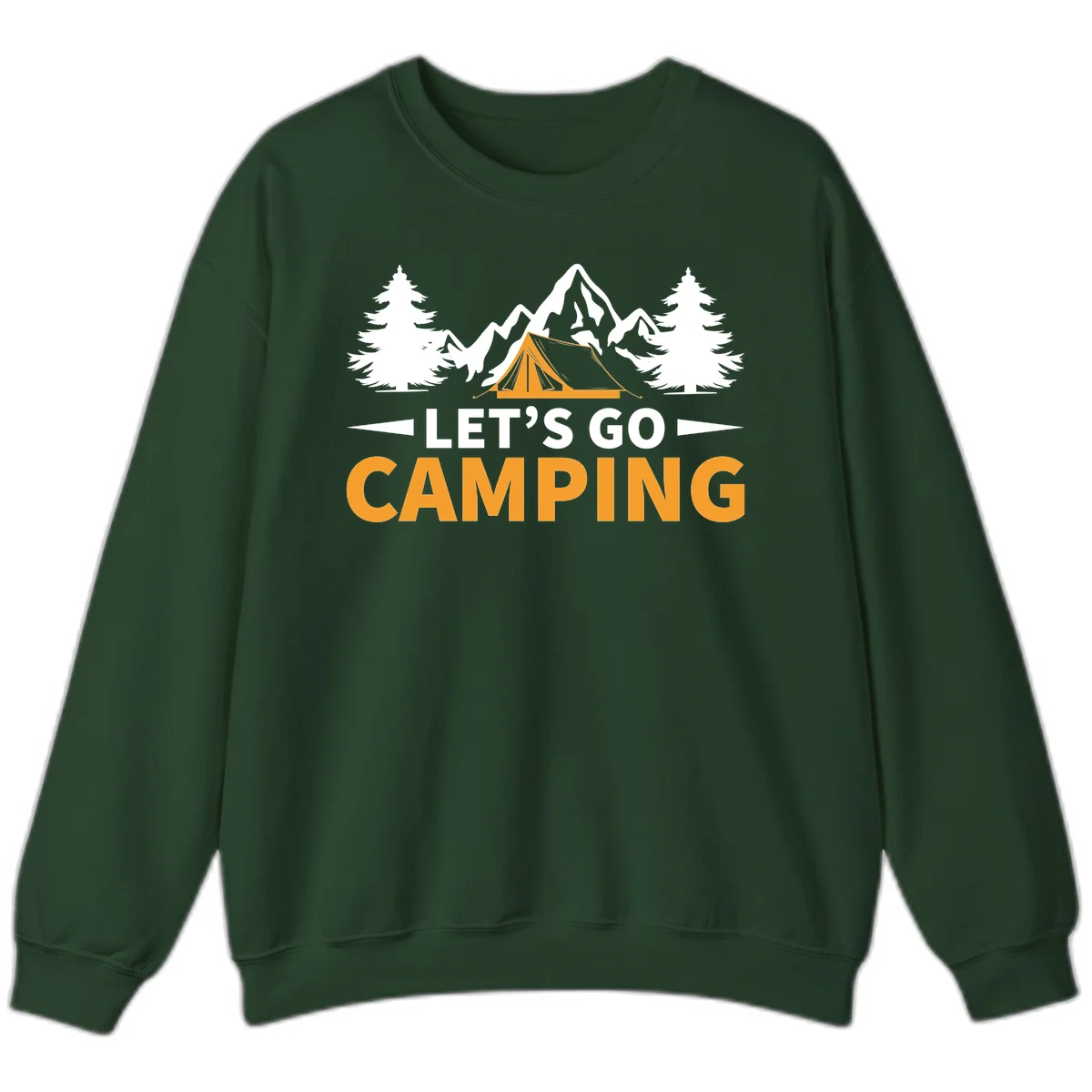 Let's go camping tent design with orange tent, snow mountains, evergreen trees, and bold text on gray background in Forest Green