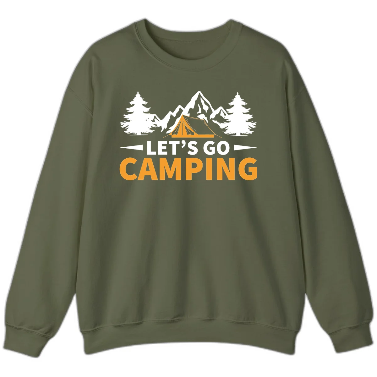 Let's go camping tent design with orange tent, snow mountains, evergreen trees, and bold text on gray background in Military Green