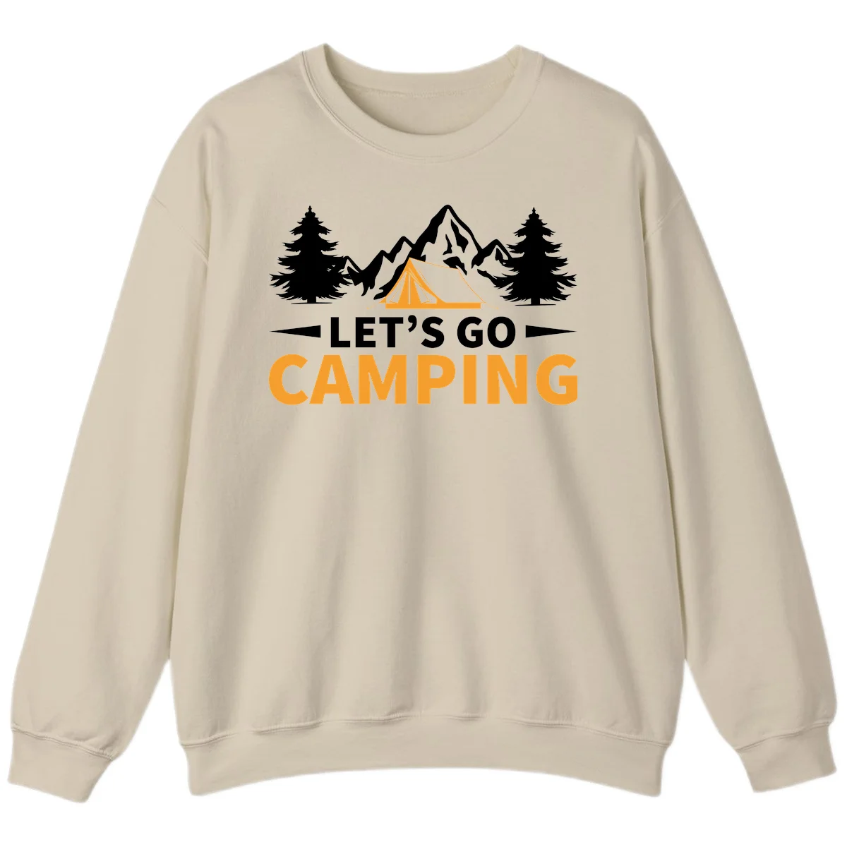 Let's go camping tent design with orange tent, snow mountains, evergreen trees, and bold text on gray background in Sand