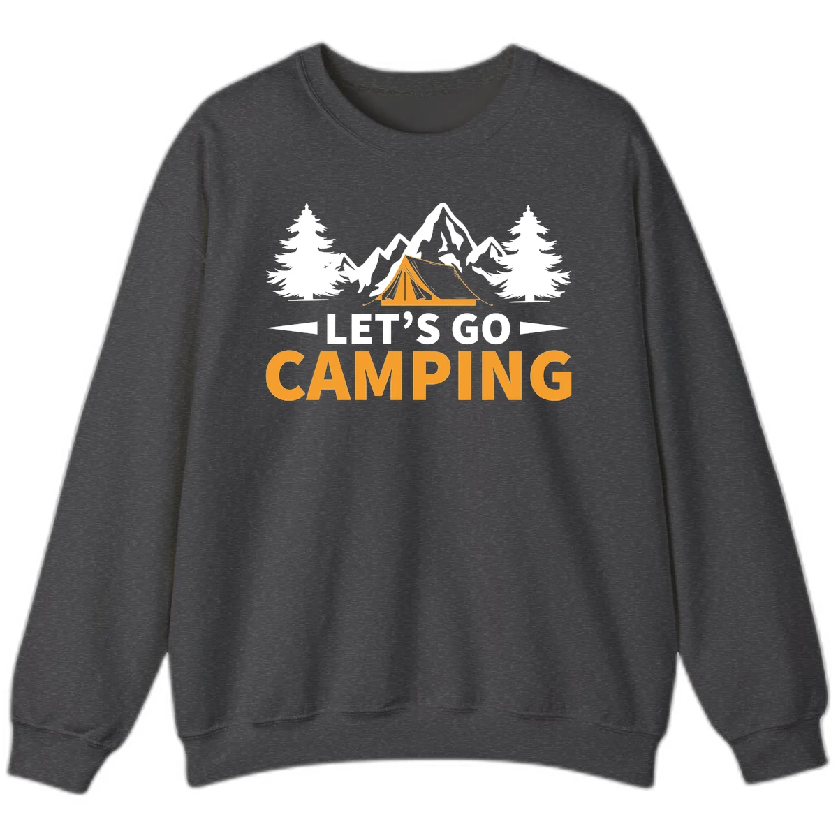 Let's go camping tent design with orange tent, snow mountains, evergreen trees, and bold text on gray background in Dark Heather