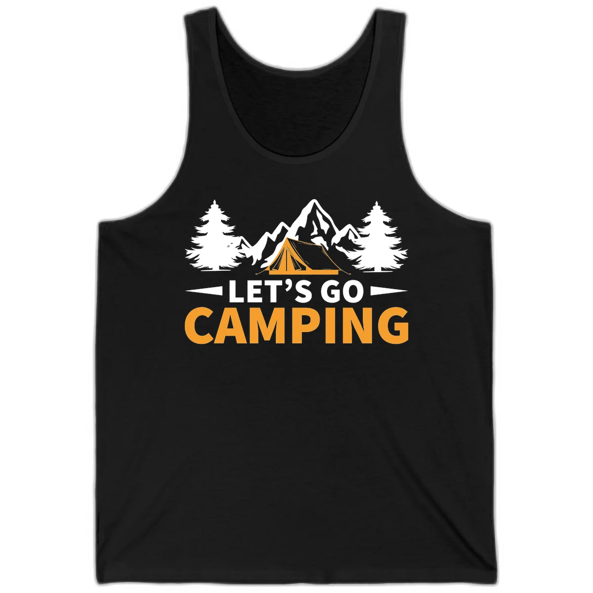 Let's go camping tent design with orange tent, snow mountains, evergreen trees, and bold text on gray background in Black