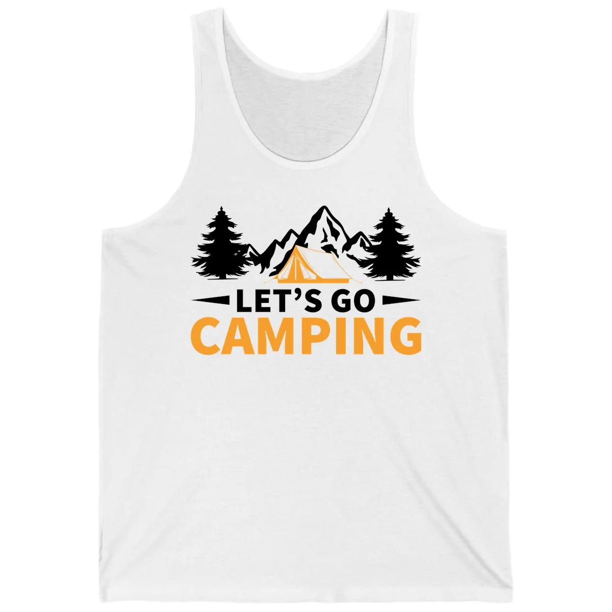Let's go camping tent design with orange tent, snow mountains, evergreen trees, and bold text on gray background in White