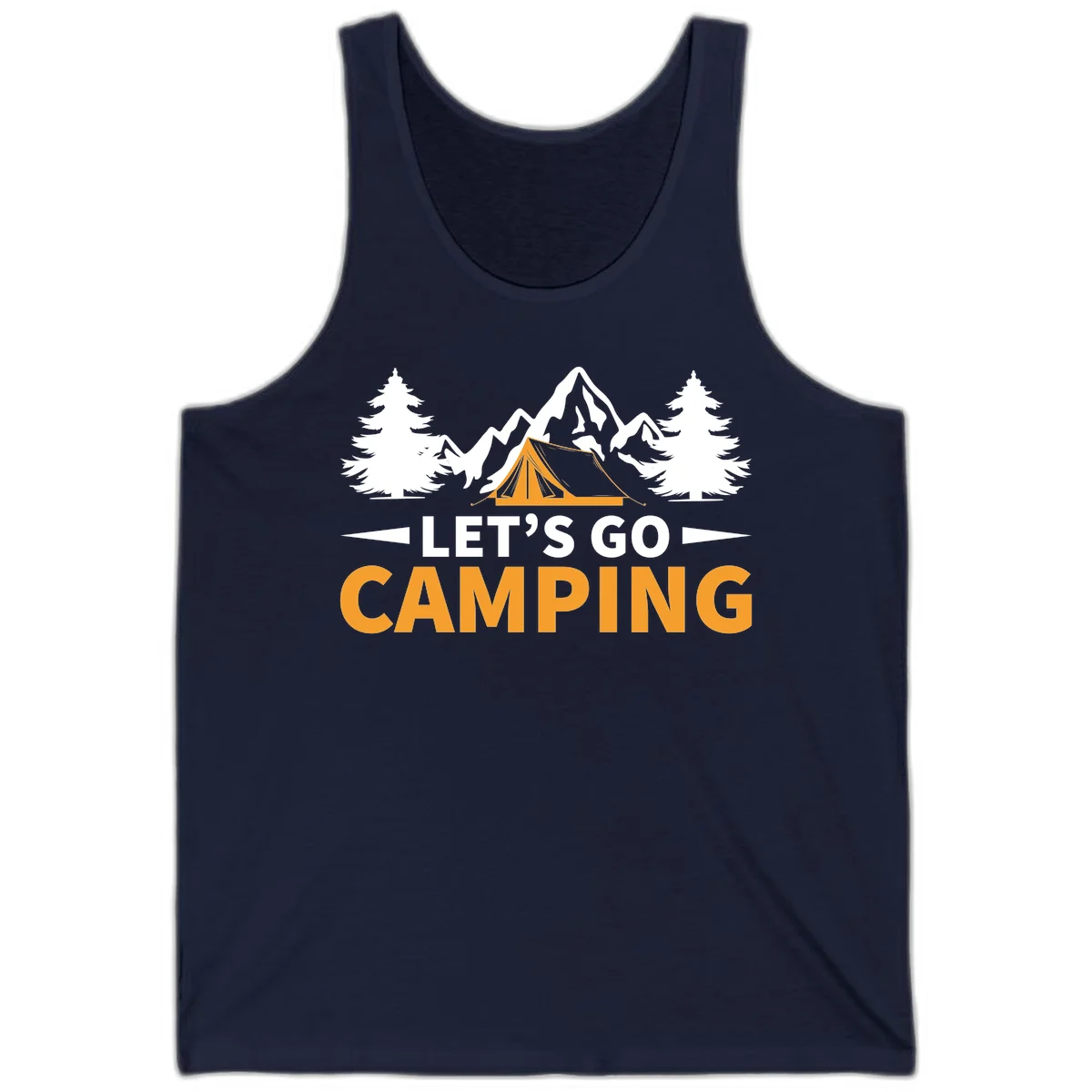 Let's go camping tent design with orange tent, snow mountains, evergreen trees, and bold text on gray background in Navy