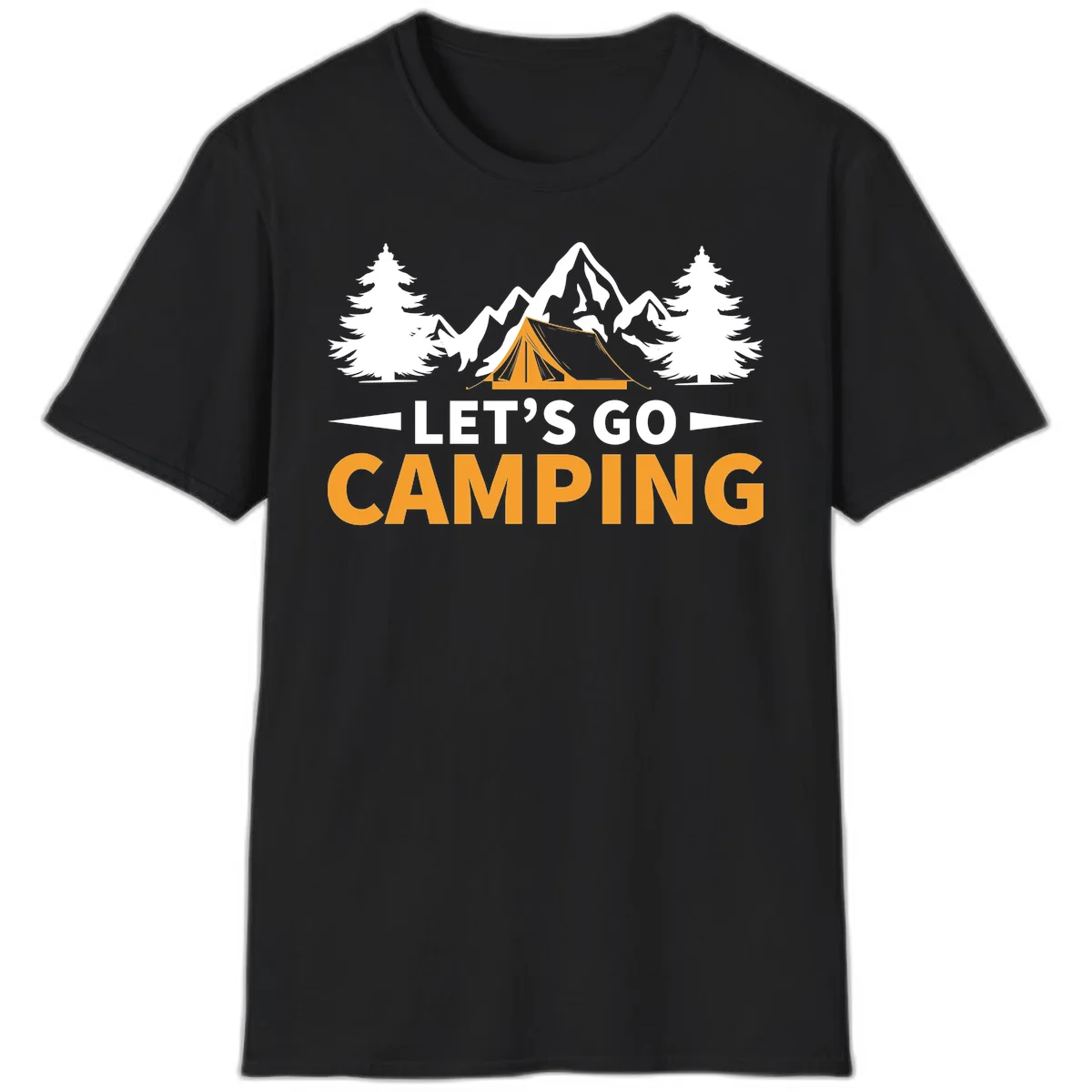 Let's go camping tent design with orange tent, snow mountains, evergreen trees, and bold text on gray background in Black