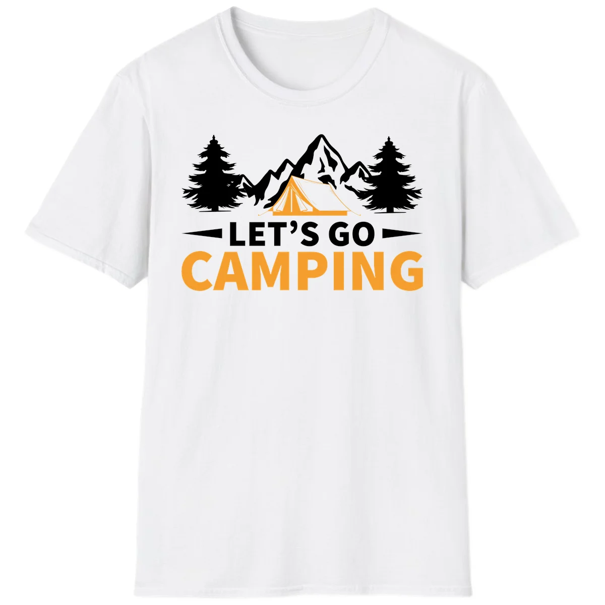 Let's go camping tent design with orange tent, snow mountains, evergreen trees, and bold text on gray background in White